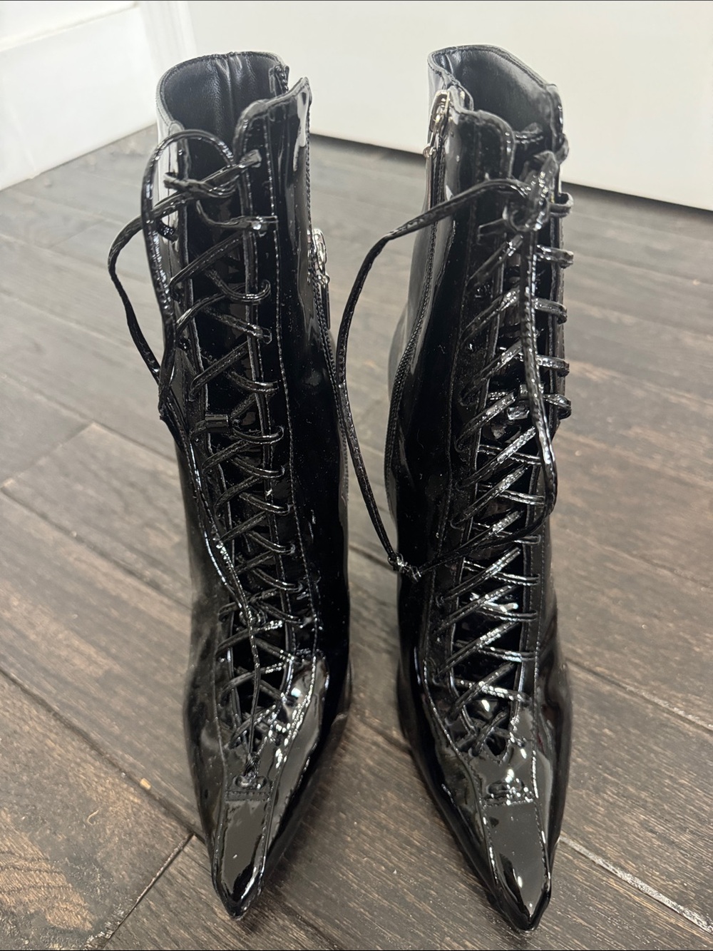 SCHUTZ Black Patent Lace-Up Pointed-Toe Ankle Boots